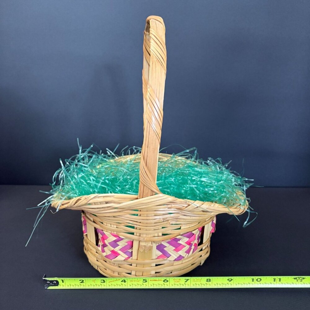 Easter Basket Woven Bamboo Wicker Vintage Pink Purple Egg Hunt Bunny Decorations - Picture 6 of 6